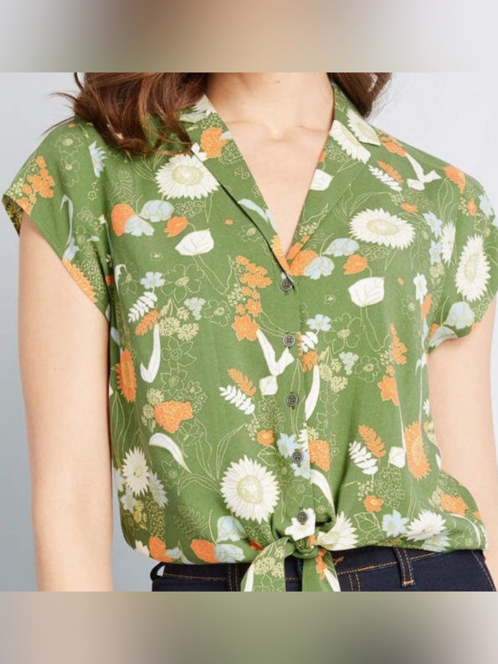ModCloth Olive Green Floral A-Line Skirt and Crop top with tie